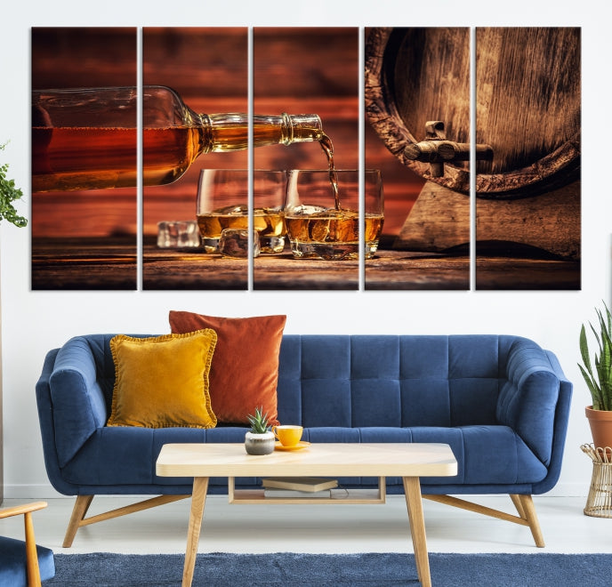 Lienzo decorativo para pared grande con whisky y barril