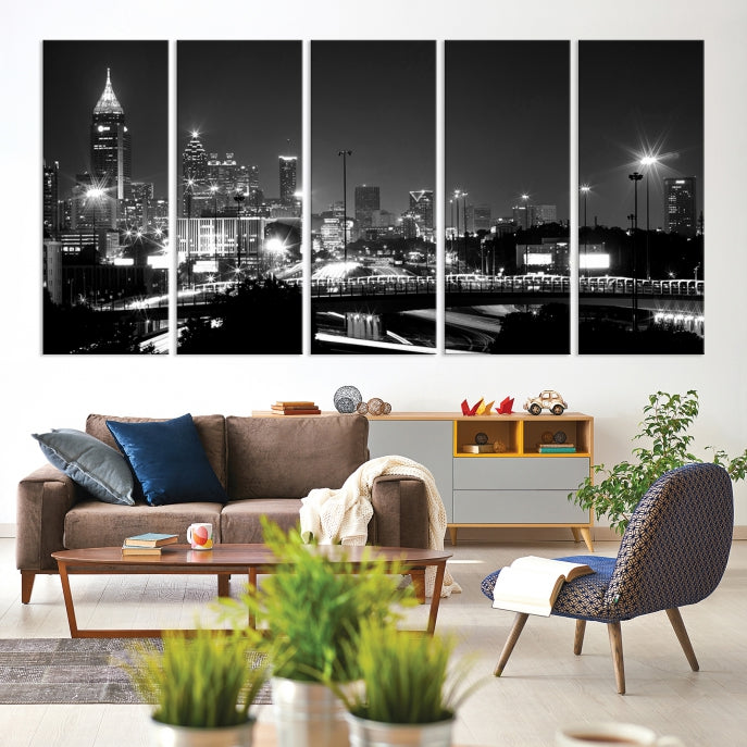 Atlanta City Lights Skyline Art mural noir et blanc Paysage urbain Impression sur toile