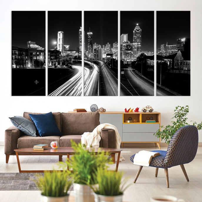 Atlanta City Lights Skyline Art mural noir et blanc Paysage urbain Impression sur toile