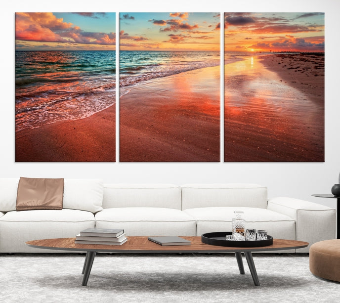 The "Beach and Red Sunset Wall Art Canvas Print" features a triptych of a vibrant beach sunset. These museum-quality canvases come with a UV-protective coating and are ready to hang, offering an instant touch of elegance.