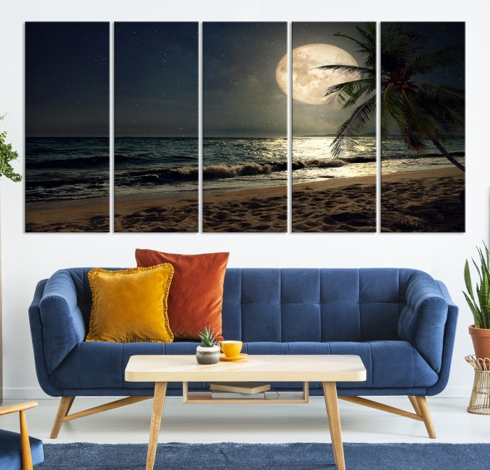 Arte de pared de playa tropical y luna Lienzo