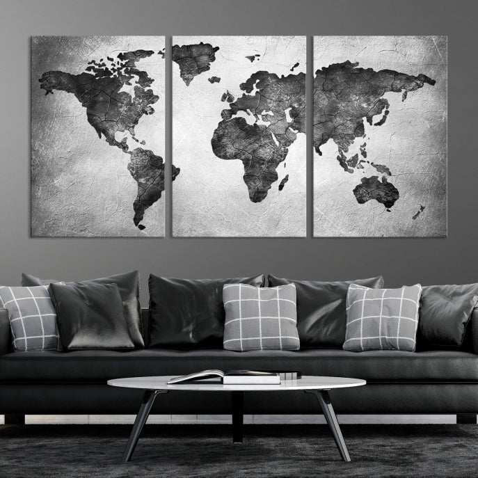 Impresión artística en lienzo grande con mapa del mundo en negro y gris