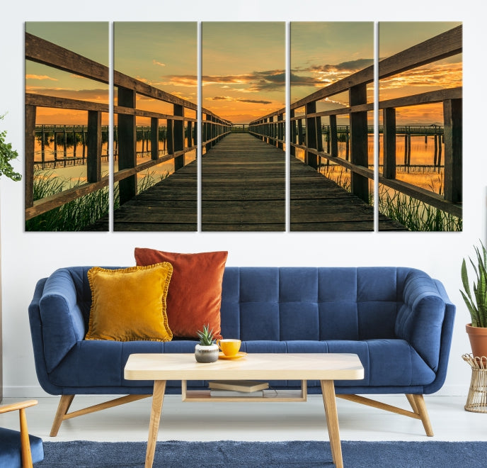 Sunset and Wood Bridge Wall Art Canvas Print