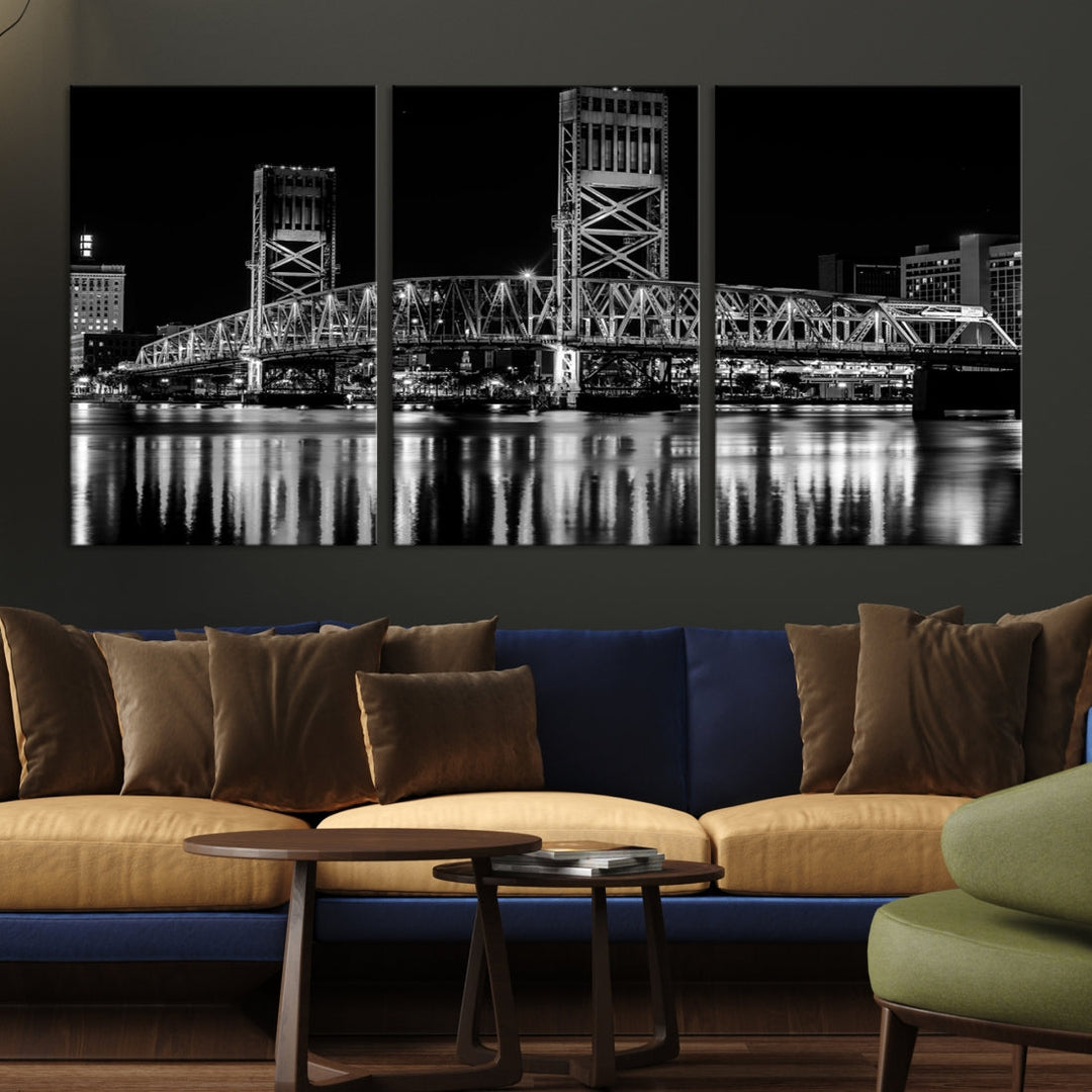 The Jacksonville City Bridge Night Wall Art Canvas Print is a black and white triptych depicting the city bridge at night. It features a UV-protective coating on museum-quality canvas.