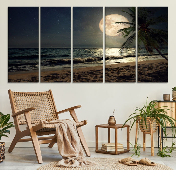 Tropical Beach and Moon Wall Art Canvas Print