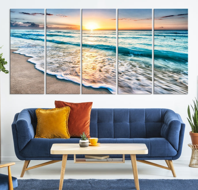 Sunset Beach Waves Canvas Wall Art – 5-Panel Ocean Sunset Print – Coastal Decor for Living Room or Bedroom – Ready to Hang