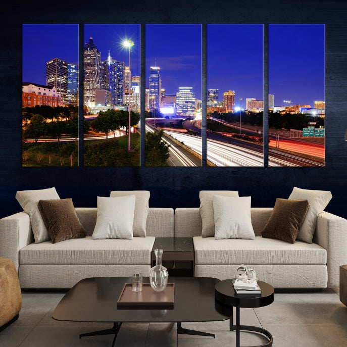 Arte de pared grande con vista del paisaje urbano del horizonte azul nocturno de las luces de la ciudad de Atlanta Impresión en lienzo