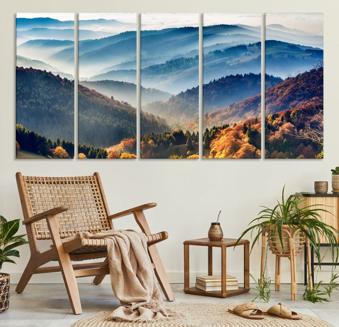 Lienzo decorativo para pared grande con bosque de montañas y otoño