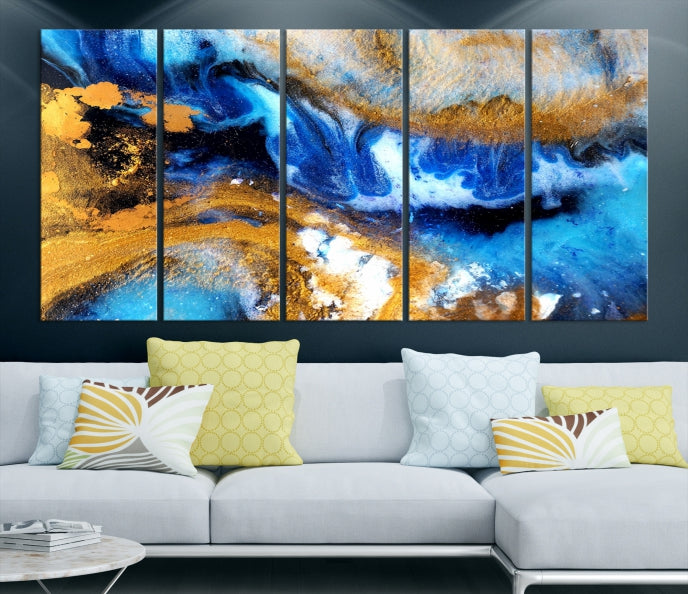 Blue Orange Marble Fluid Effect Wall Art Abstract Canvas Wall Art Print