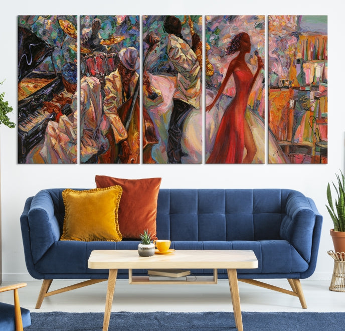 Músico africano, mujeres y orquesta de jazz, arte de pared grande, impresión en lienzo