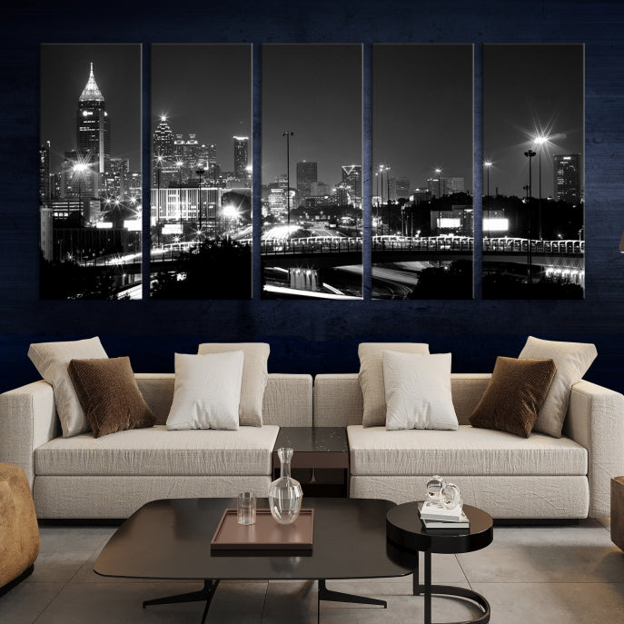 Skyline de luces de la ciudad de Atlanta Arte de pared en blanco y negro Paisaje urbano Lienzo