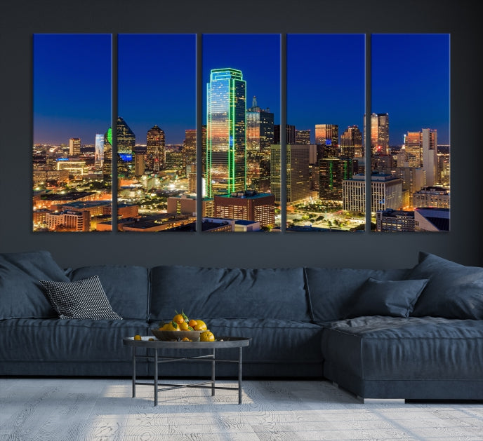 Impresión en lienzo de arte de pared grande con vista del paisaje urbano del horizonte azul nocturno de las luces de la ciudad de Dallas