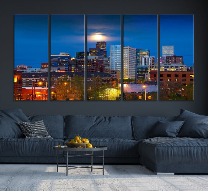 Impresión en lienzo de arte de pared grande con vista del paisaje urbano del horizonte azul nocturno de las luces de la ciudad de Denver