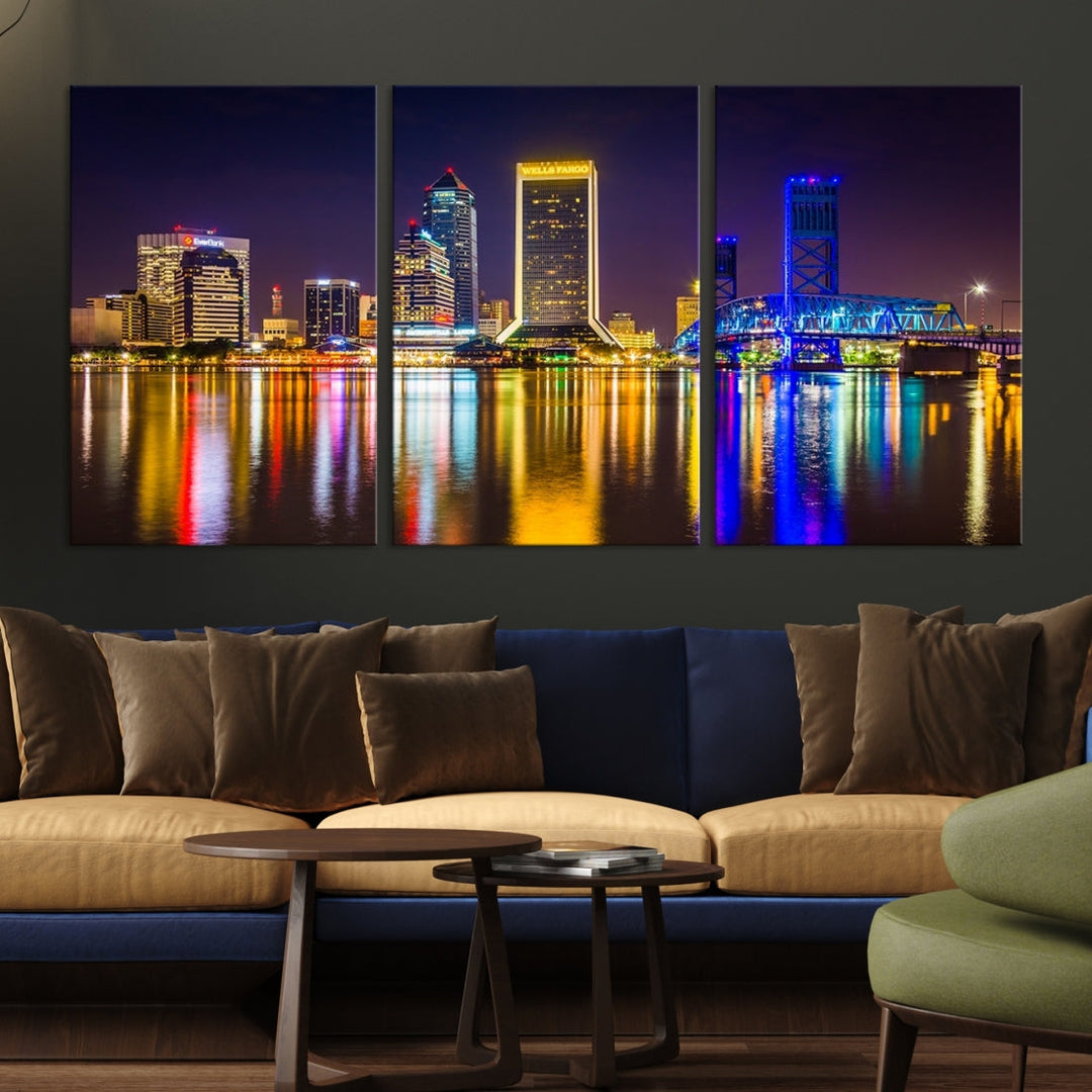 The Jacksonville City cityscape wall art captures a vibrant city skyline at night with colorful reflections in the water and is elegantly displayed on museum-quality gallery wrapped canvas.