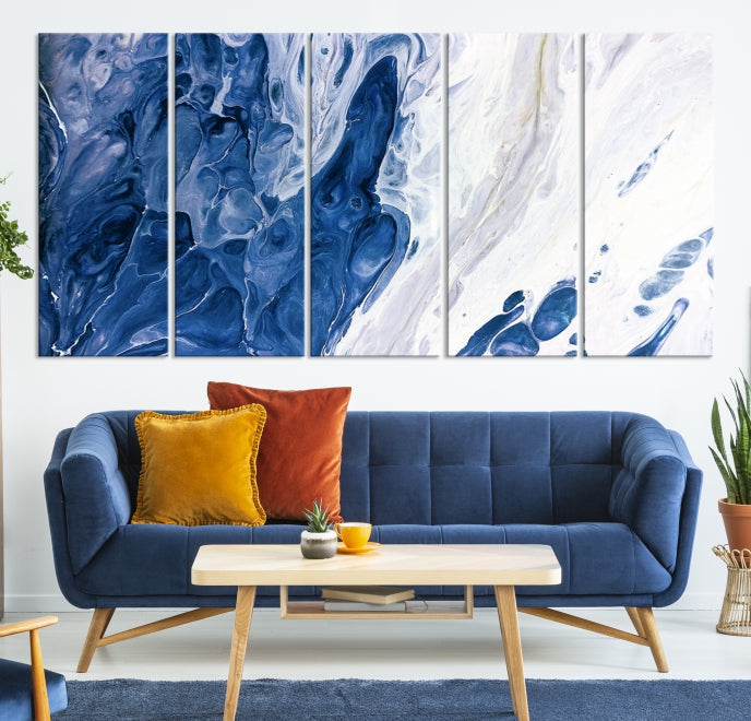 Arte de pared grande con efecto fluido de mármol azul marino, lienzo abstracto moderno, impresión artística de pared