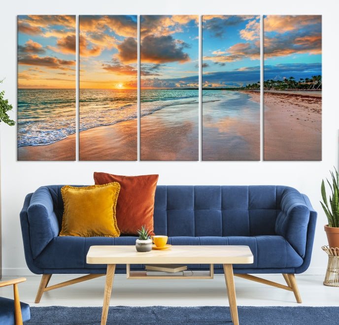 Sunset Beach Canvas Wall Art – Tropical Triptych Seascape Print – Coastal Ocean Decor for Living Room or Bedroom – Ready to Hang