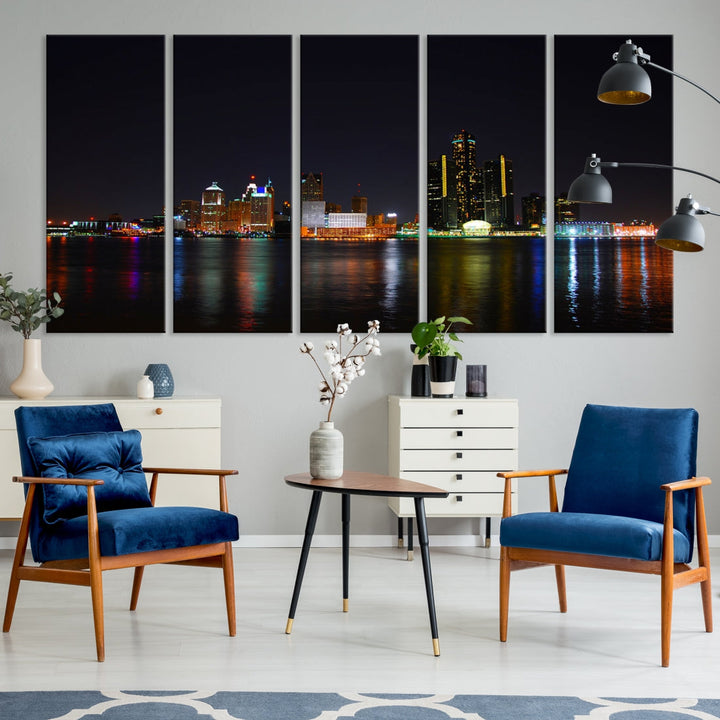 Detroit City Lights Night Skyline Cityscape View Wall Art Canvas Print