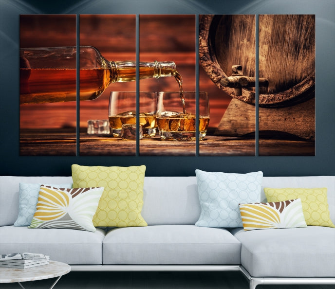 Lienzo decorativo para pared grande con whisky y barril