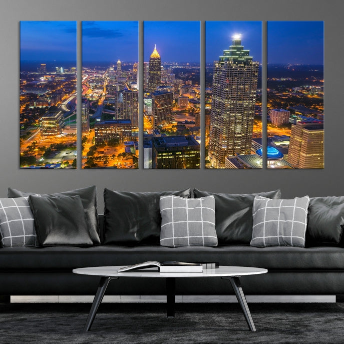 Arte de pared grande con vista del paisaje urbano del horizonte azul nocturno de las luces de la ciudad de Atlanta Impresión en lienzo