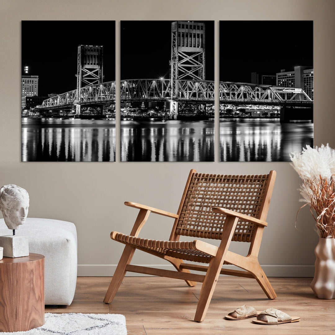 The Jacksonville City Bridge Night Wall Art Canvas Print is a black and white triptych depicting the city bridge at night. It features a UV-protective coating on museum-quality canvas.