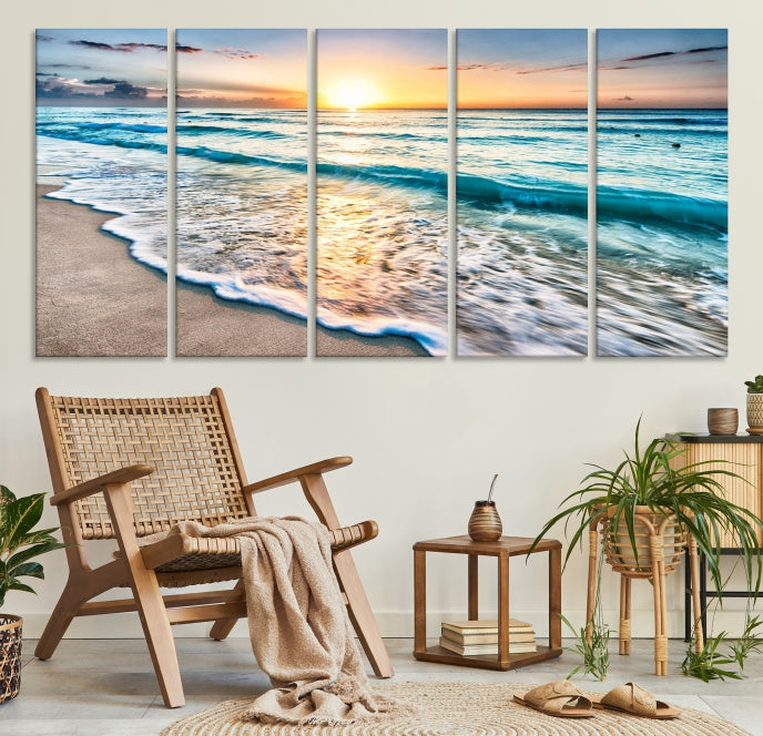 Sunset Beach Waves Canvas Wall Art – 5-Panel Ocean Sunset Print – Coastal Decor for Living Room or Bedroom – Ready to Hang