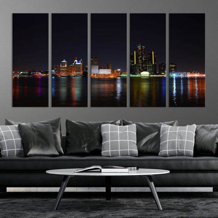 Detroit City Lights Night Skyline Cityscape View Wall Art Canvas Print