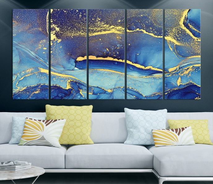 Splash Yellow Color Blue Marble Abstract Canvas Wall Art Print