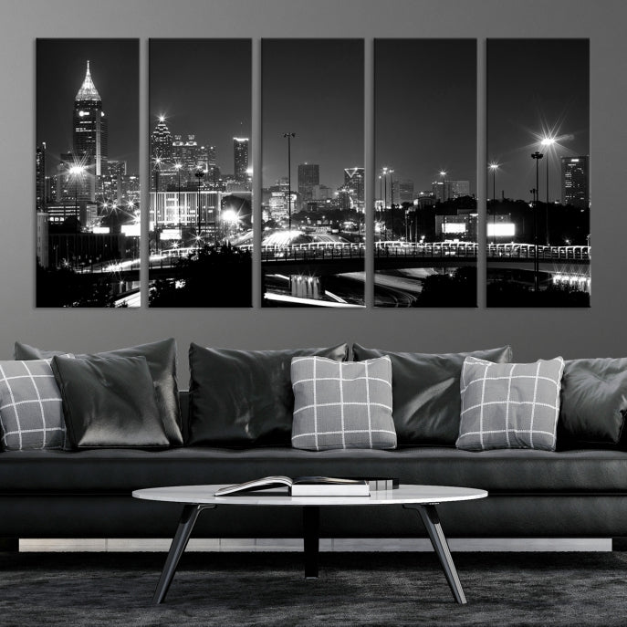 Skyline de luces de la ciudad de Atlanta Arte de pared en blanco y negro Paisaje urbano Lienzo