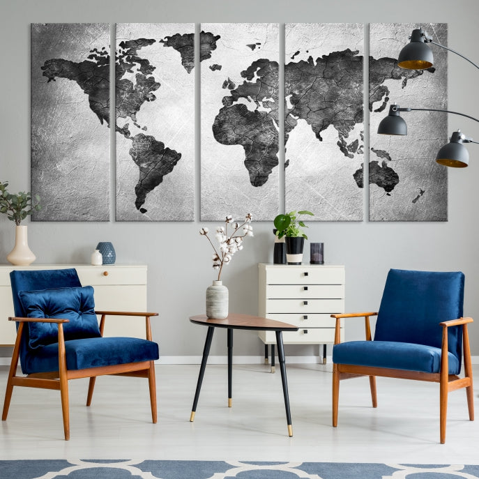 Black and Gray World Map Canvas Wall Art Print