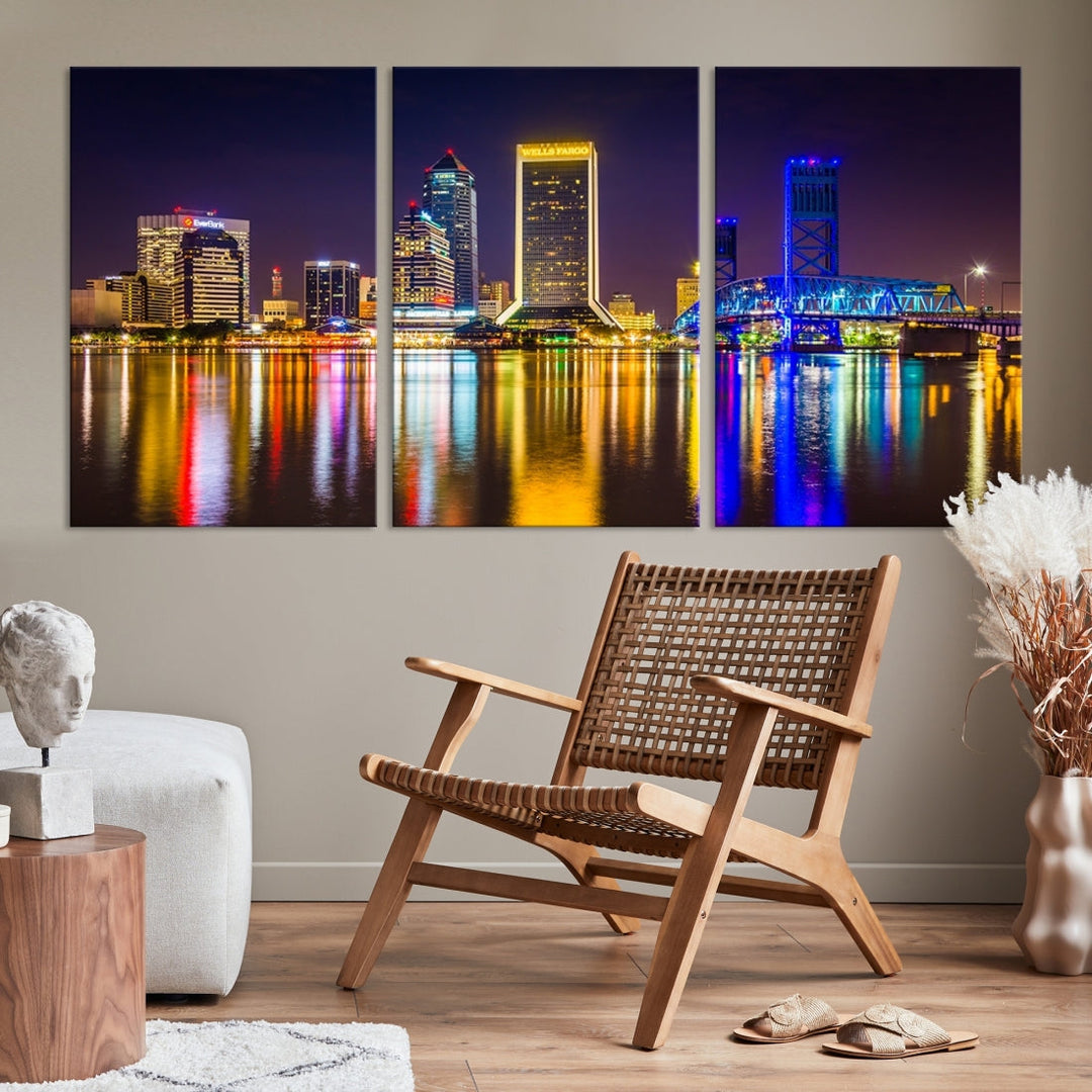 The Jacksonville City cityscape wall art captures a vibrant city skyline at night with colorful reflections in the water and is elegantly displayed on museum-quality gallery wrapped canvas.