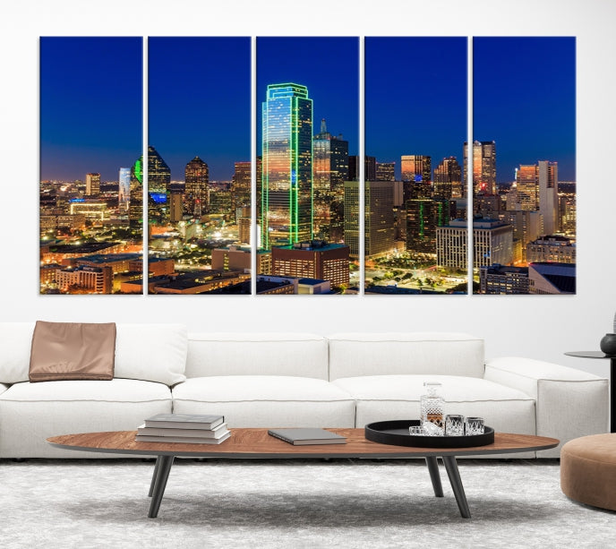 Dallas City Lights Night Blue Skyline Cityscape View Wall Art Canvas Print