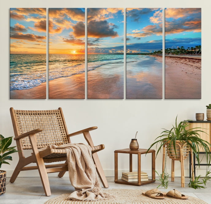 Sunset Beach Canvas Wall Art – Tropical Triptych Seascape Print – Coastal Ocean Decor for Living Room or Bedroom – Ready to Hang