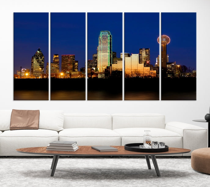 Impresión en lienzo de arte de pared grande con vista del paisaje urbano del horizonte azul nocturno de las luces de la ciudad de Dallas