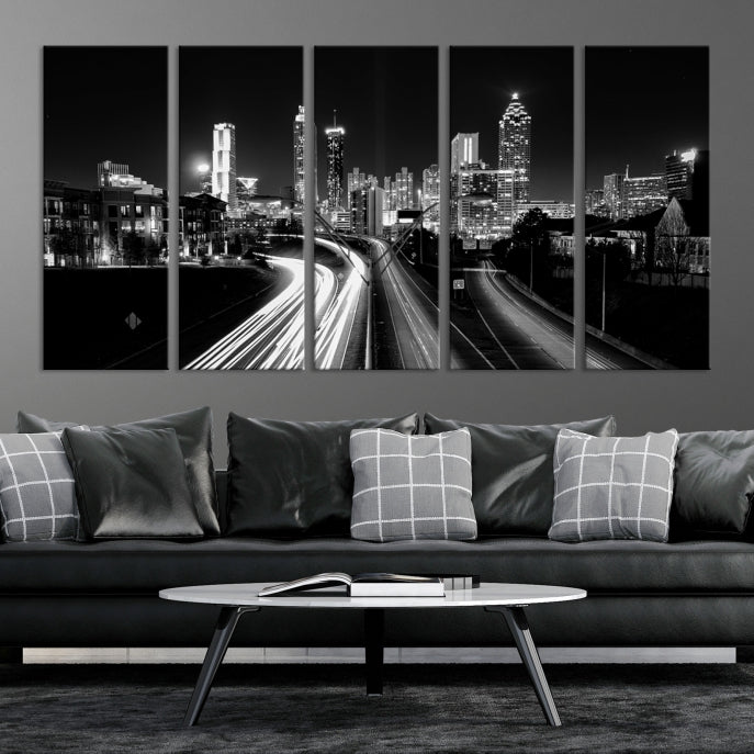 Atlanta City Lights Skyline Art mural noir et blanc Paysage urbain Impression sur toile