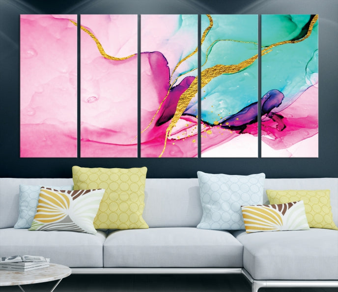 Impresión de arte de pared grande con efecto fluido de mármol rosa y dorado, lienzo abstracto moderno