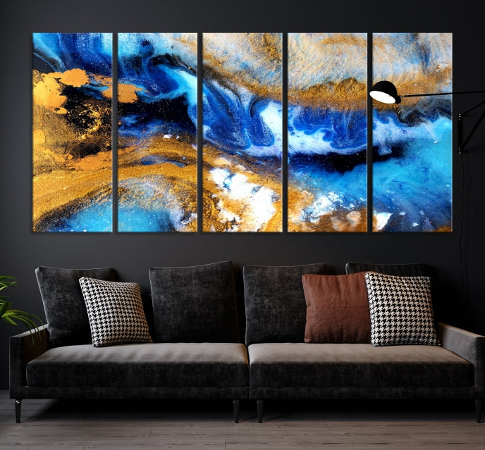 Blue Orange Marble Fluid Effect Wall Art Abstract Canvas Wall Art Print