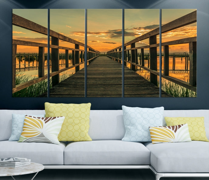 Sunset and Wood Bridge Wall Art Canvas Print