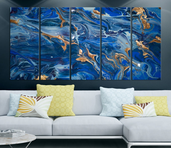 Arte de pared grande con efecto fluido de mármol azul marino, lienzo abstracto moderno, impresión artística de pared