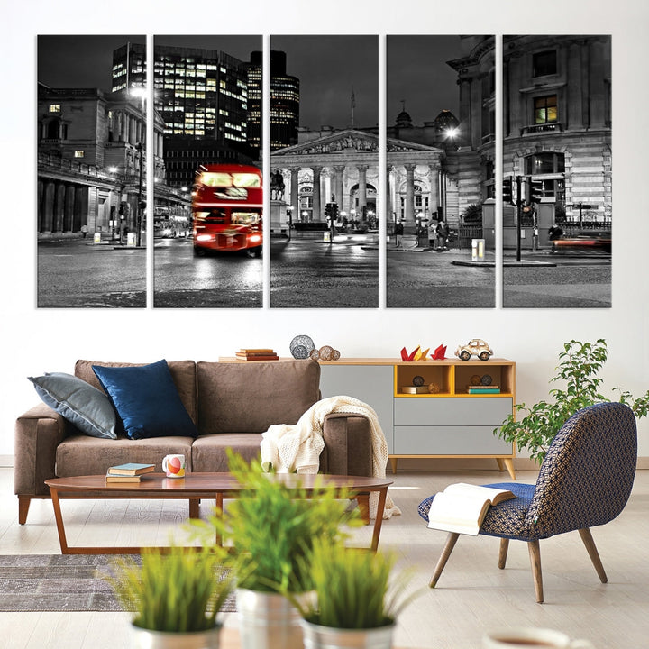 London Night Red Bus Wall Art Canvas Print, London Black and White Wall Art