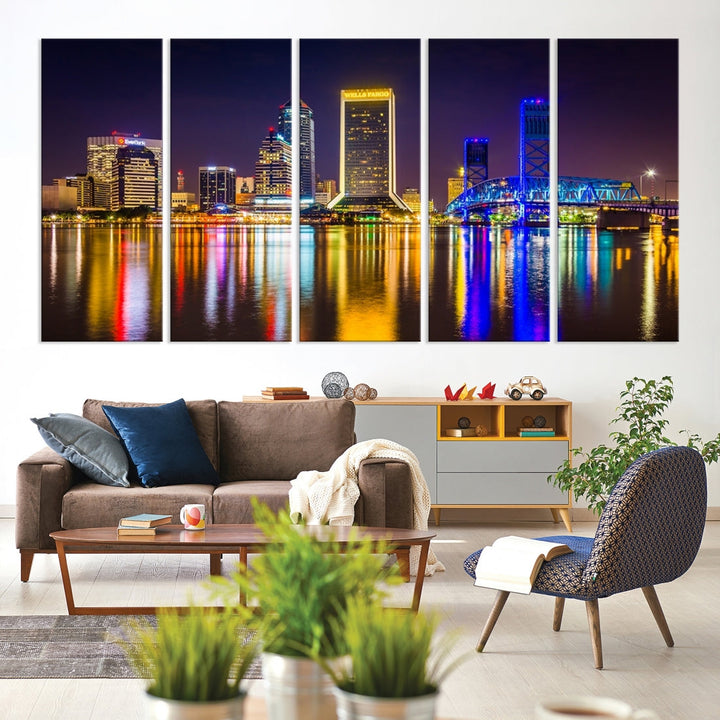 The Jacksonville City cityscape wall art captures a vibrant city skyline at night with colorful reflections in the water and is elegantly displayed on museum-quality gallery wrapped canvas.