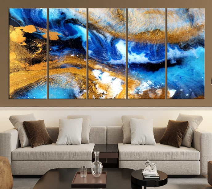 Blue Orange Marble Fluid Effect Wall Art Abstract Canvas Wall Art Print