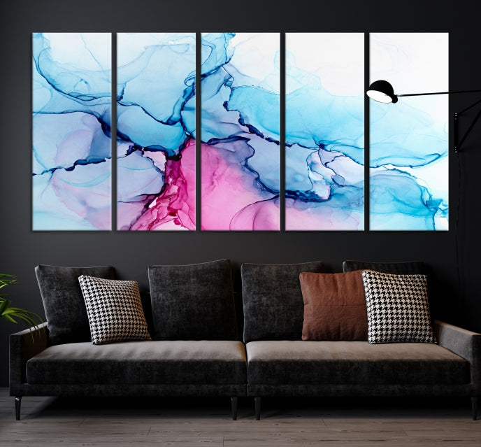 Arte de pared grande con efecto fluido de mármol azul y rosa, lienzo abstracto moderno, impresión artística de pared