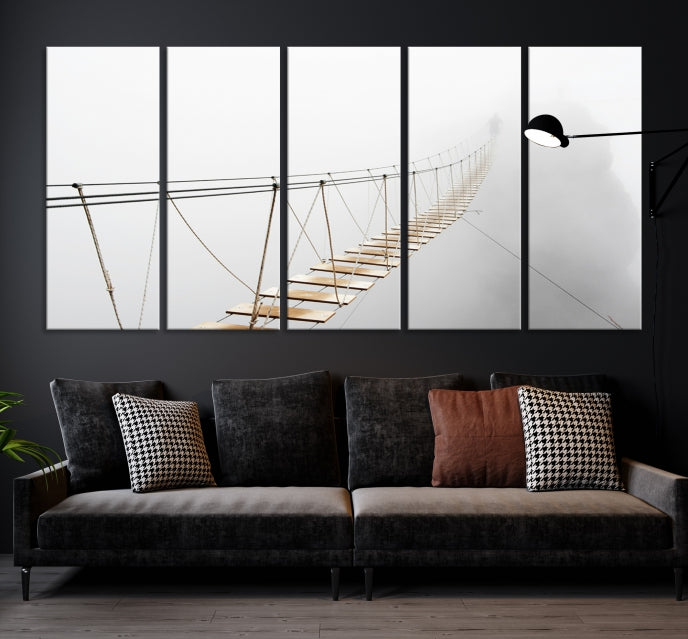 Lienzo decorativo para pared con puente de madera y niebla