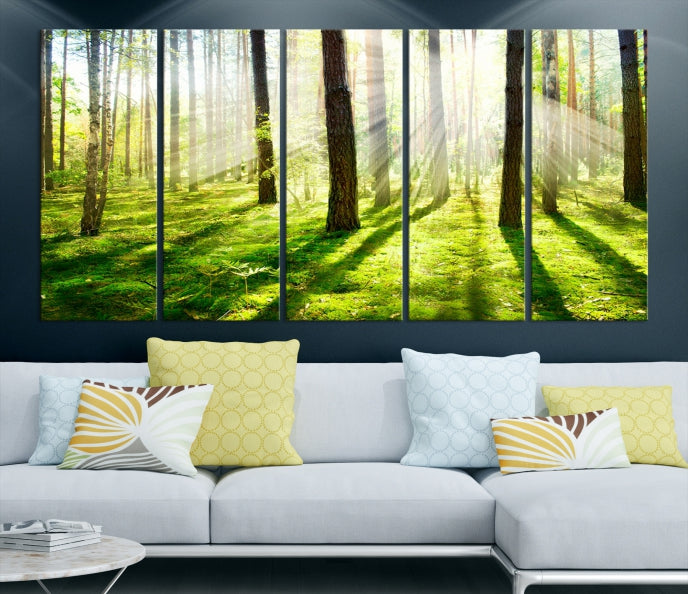 Lienzo decorativo para pared grande con bosque y sol