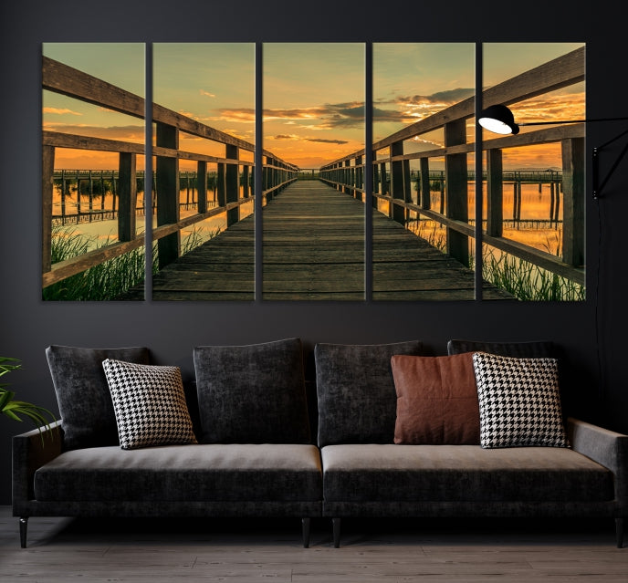 Coucher de soleil et pont de bois Art mural Impression sur toile