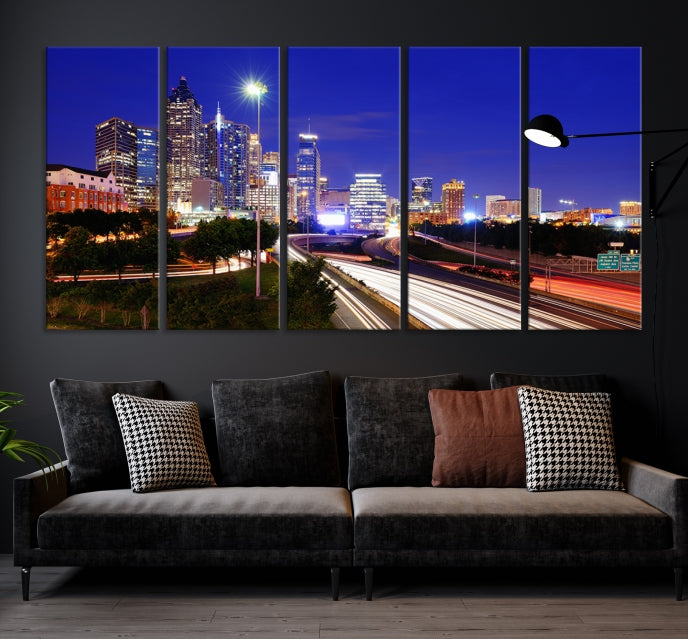 Arte de pared grande con vista del paisaje urbano del horizonte azul nocturno de las luces de la ciudad de Atlanta Impresión en lienzo