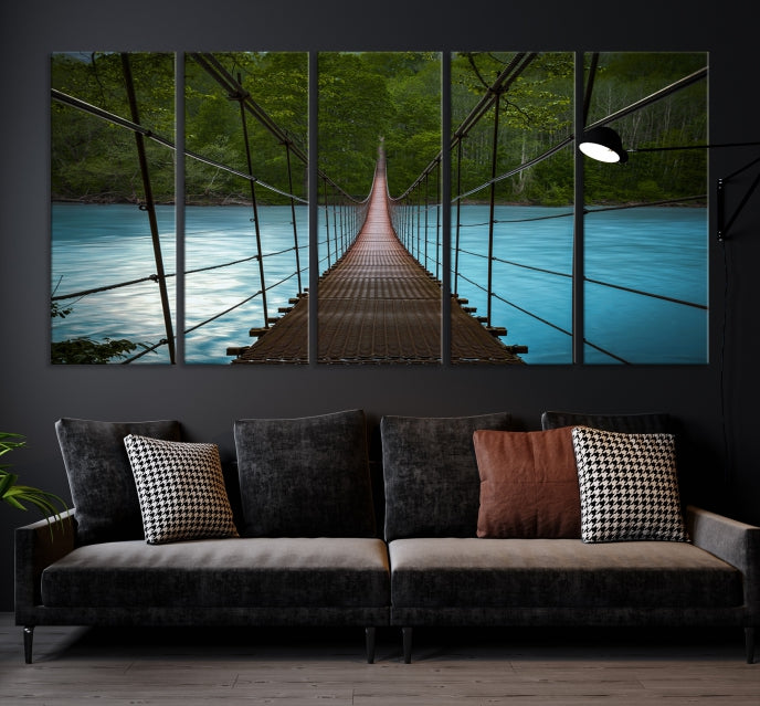 Suspension Bridge Over River Canvas Art | 3-Panel Nature Photography | Scenic Wall Art for Living Room or Office