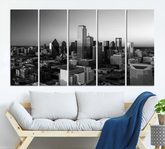 Skyline de la ciudad de Dallas Arte de pared en blanco y negro Paisaje urbano Lienzo