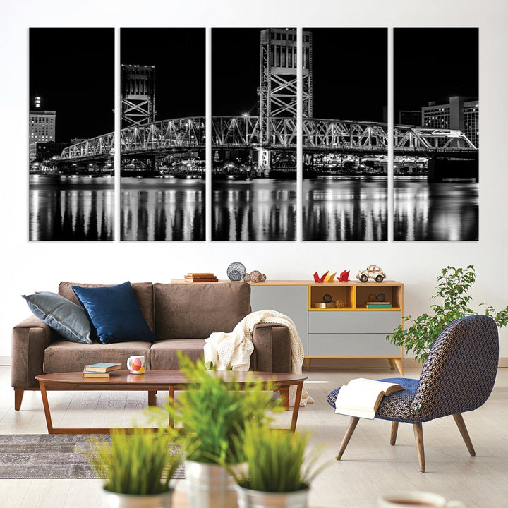 The Jacksonville City Bridge Night Wall Art Canvas Print is a black and white triptych depicting the city bridge at night. It features a UV-protective coating on museum-quality canvas.