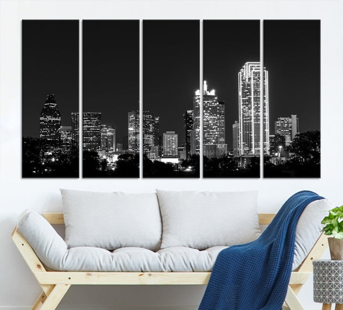 Dallas City Lights Skyline Art mural noir et blanc Paysage urbain Impression sur toile